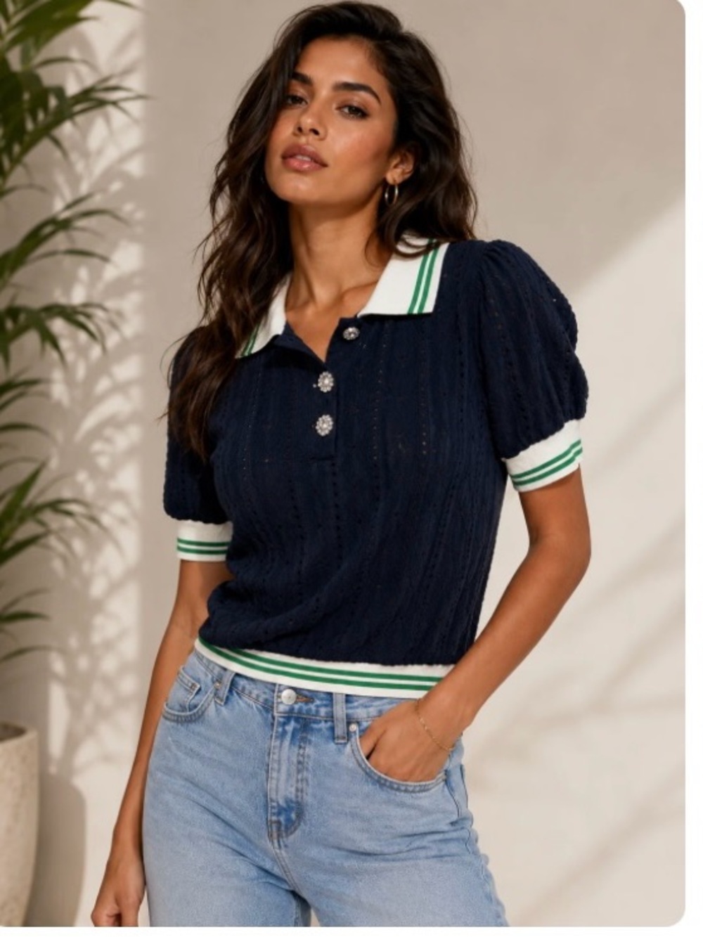 Maeve Navy Knit Polo with White and Green Trim